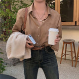 MQTIME  -  Korean Fashion Office Lady Blouse Pinstriped Printing Long Sleeves Casual Design Lady Shirts  Loose Long Sleeves