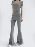 MQTIME  -  Woman 2 Piece Set Outfit Solid Color Short-sleeved T-shirt Lace-up Bootcut Culottes Long Pants Two Piece Outfits Simple Style