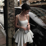 MQTIME  -  Elegant White Pearl Spaghetti Strap Mini Dress Asymmetrical Pleated Birthday Dress For Women Summer Fashion Ladies Dresses