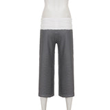  MQTIME  -  Women Striped Wide Leg Calf-Length Pants High Waist Casual Cropped Culottes Loose Fit Overlay Waistband Summer Streetwear
