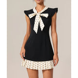 MQTIME  -  Women Polka Dot Print Patchwork OL Mini Dress Summer Y2k Elegant Flying Sleeve V Neck Pleated Hem Short A-line Dress