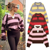  MQTIME  -  Autumn High Street Chic Women Fashion Striped Knitted Sweater Women Long Sleeve Vintage Style Casual Pullover Tops