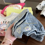 MQTIME  -  Spring Autumn Korean Children Girl Jeans Pant Cotton Elastic Waist Bear Hem Kid Girl Trouser Solid Casual Kid Girl Wide Leg Pant