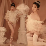 MQTIME  -  ﻿ Sexy Shoulderless Bodysuit Rulles Tulle Pregnancy Dress White Maternity Photography Dresses for Photo Shoot Prop Accessories