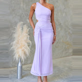 MQTIME  -  Spring Sexy One-shoulder Sleeveless Long Dress Women Elegant Solid Slim Tie-up Evening Dress Summer Backless Hollow Office Dress