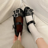 MQTIME  -  Women's Black Mary Jane Flats with Triple Buckle Straps Cute Preppy Style Leather Shoes for Girls Comfortable Round Toe Loafers