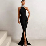 MQTIME  -  Women Elegant Sexy Pleated Bodycon Maxi Party Dress Sequins Turtleneck Halter Backless Front Split Slim Evening Gown Long Robes