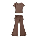 MQTIME  -  Woman 2 Piece Set Outfit Solid Color Short-sleeved T-shirt Lace-up Bootcut Culottes Long Pants Two Piece Outfits Simple Style