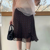 MQTIME  -  Vintage Brown White Polka Dot Chiffon Midi Skirts Women New High Waist Irregular Ruffle Layered Flowy A Line Casual Ankle Skirts