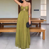 MQTIME  -  Elegant Women High Waist Boho Dress Summer Holidays Sleeveless Suspender Long Dress Sexy Low Cut Backless Pleated Evening Dress