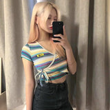 MQTIME  -  Bandage All-Match Irregular Criss Cross Fashion Casual Crop T-Shirts Summer Women Short Sleeve V-Neck Multicolor Stripe Top