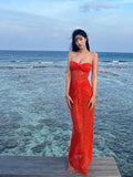 MQTIME  -  Bali beach vacation orange hollow lace pleated strapless dress women pure desire sexy elegant temperament long skirt