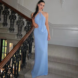 MQTIME  -  Women Sexy Blue Hollow Out Swinging Collar Maxi Dress Summer Holiday Lace Up Halter Backless Beach Party Long Robe Vestidos
