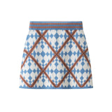 MQTIME  -  Women's Diamond Pattern Knitted Pullovers Skirt Set Casual O-neck Long Sleeve Sweater + Elastic Waist A-line Mini Skirt