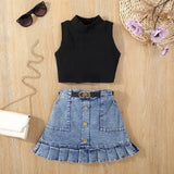 MQTIME  -  2Piece Sets Summer Kids Clothes Girl Fashion Cotton Sleeveless Black Baby Tops+Denim Skirt Children Boutique Clothing BC1091