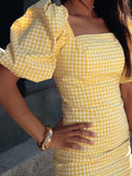 MQTIME  -  Summer Square Collar Evening Dress Elegant Lady Slim Wrap Hips Dress 2025 New Fashion Checkered Printed Puff Sleeve Short Dress
