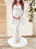  MQTIME  -  Maternity Off Shoulder Lace Maxi Dress Bell Sleeves Pregnant Long Gown Dresses For Photoshoot Baby Shower