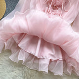 MQTIME  -  Summer New 3D Floral Beach Short Dress Female Long Sleeves Lace Up Ruffle Chiffon Cake Sundress Sheer Sexy Bohemian Vestidos