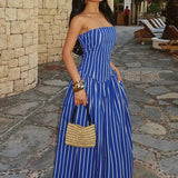 MQTIME  -  Ladies Casual Pleated Pocket Beach Dresses New Striped Print Swing Long Dress Sexy Strapless Hollow Out Women's Holiday Dress