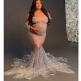 MQTIME  -  Shiny Stones Maternity Photo Dress  Diamonds Embellished  Women Sexy Nude Long Dress Luxury Evening Dresses