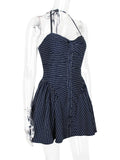 MQTIME  -  Navy Blue Striped Halter Mini Dress For Women Sexy Sleeveless A-line Mini Summer Party Swing Dresses High Street Robe D474