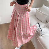 Mqtime Korean Contrast Color Plaid Sweet A-line Skirt Women Summer New High Waist Pleated Casual Mid-length Skirt