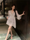 MQTIME  -  Gentle Style Dress High-end Pearl Studded V-neck Ruffled Edge Waist Cinched Short Chiffon Style Midi Vestidos