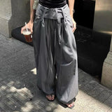 MQTIME  -  Women Grey Multi Strap Wide Waistband Pleated Trousers Wide Leg Double Drawstring Spring Summer Loose Baggy Casual Long Pants