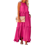 MQTIME  -  Women Boho Solid Color Dress Sleeveless Ruffled Maxi Vestidos Loose Fit Straight Hippie Dresses Layered Princess Robe