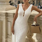 MQTIME  -  Solid Color Hollow Knitted Beach Vacation Dress Elegant Sleeveless Skinny Cover-up Dress Women Sexy Perspective Swimwear Dress