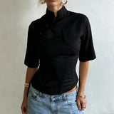 MQTIME  -  Womens Chinese Style Qipao Stand Collar Blouse Vintage Floral Print Short Sleeve Slim Shirts Y2k Hollow Out Tops