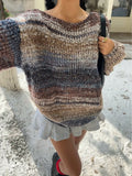 MQTIME  -  Womens Scoop Neck Knit Pullover Indie Sleaze Boho Nostalgia Aesthetic Long Sleeve Jumper Top Variegated Horizontal Striped Indigo Blue Rust Camel Sand Fuzzy Mohair Blend Dropped Shoulder Slouchy Relaxed Drape For A