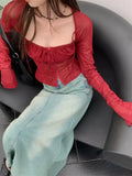 MQTIME - Burgundy Mesh Tops Long Sleeve Lace Up Square Collar T Shirt Women Crop Top Spring Summer Grunge Y2k  Chic Tops Streetwear