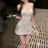 MQTIME  -  Stylish Halter Lace Floral Appliques Mini Dress Summer Sweetheart Neck Women Elegant Dating Party Bodycon Evening Short Dresses