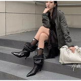  MQTIME  -  Autumn Winter Retro Soft Leather Weave Strap Women Ankle Boots Fashion Rivet Button High heels Slip-on Western Short Boots Shoes