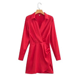 MQTIME  -  Women Long Sleeve Lapel Dress Solid Color Summer Fashion Streetwear Female Pleated Dresses Office Lady Elegant Shirt Dress