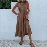 MQTIME  -  Solid Color Straight Tank Dress Sleeveless Holiday Viscose Maxi Dress Button Up V Neck Boho Dress Vacation Robes