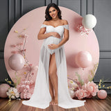  MQTIME  -  Maternity Summer Lace Off-Shoulder Bodysuit for Photoshoot with Tulle Long Sides Slit Tail Women