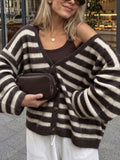 MQTIME  -  Autumn Winter New Fur Soft Button Jumpers Vintage Stripe Print Long Sleeve Cardigans Elegant V-neck Women's Commute Sweater Coat