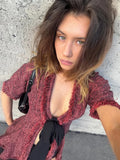  MQTIME  -  Chic Fringed Fitted Shirts Women V Neck Short Sleeves Lace Up Ruffles Blouse Female Summer New Vintage Fashion Tops Lady