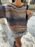 MQTIME  -  Womens Scoop Neck Knit Pullover Indie Sleaze Boho Nostalgia Aesthetic Long Sleeve Jumper Top Variegated Horizontal Striped Indigo Blue Rust Camel Sand Fuzzy Mohair Blend Dropped Shoulder Slouchy Relaxed Drape For A