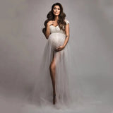 MQTIME  -  Maternity Summer Lace Off-Shoulder Bodysuit for Photoshoot with Tulle Long Sides Slit Tail Women