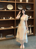 MQTIME  -  Summer French Design Elegant Sundress Women  Sleeves Floral Midi Dress Beach Style Casual Fashion Party Dress Korean