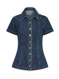 MQTIME  -  Women Vintage Short Sleeve Denim Top Short Skirt Sets Lapel Pleat Slim Buttons Shirt Dress 2 Piece Outfits Soild High Street Set