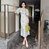 MQTIME  -  Summer Women Vintage Dress Round Neck Puff Sleeve Printed Sexy Long Mermaid High Waist Midi Dress Elegant Retro French Dress