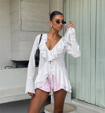 MQTIME  -  Elegant French Style Ruffle Chiffon Blouses Woman's Fashion Deep V Neck Long Sleeve Slim Tops Summer Beach Party Wear