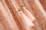 MQTIME  -  Women Bow Tassel Elastic Waist Wood Ears Ruffles Lace Swing Skirts Beach Holiday Orange Feather Floral Print Long Skirt