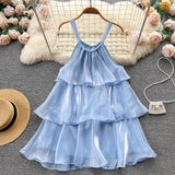 MQTIME  -  Holiday Sweet Organza Gauze Gentle Style Ruffled Halter Dress Women Sleeveless Loose Strap Short Dress Summer Beach Mini Dress