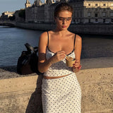 MQTIME  -  Chic Polka Dot Sling Top Set Women Casual Sleeveless Off-shoulder Slim Tops High Waist Midi Skirt Sets Lady Vacation Outfit