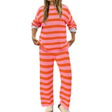 MQTIME  -  Women's Striped Suit Autmn Casual Long Sleeved Sweater Pullovers + Wide Leg Pants with Pockets Home Pajamas 2 Piece Sleepwear